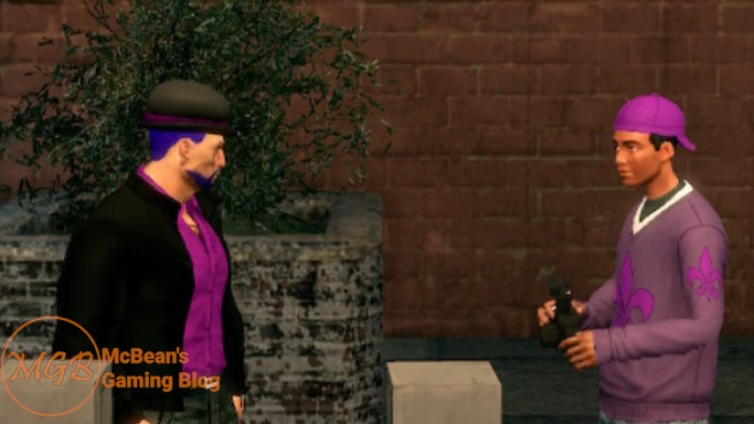 Saints Row the Third Review: Player Character and a gang member talking.